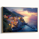 Framed canvas artwork depicting a serene countryside landscape, featuring vibrant greens and gold accents, perfect for enhancing home decor with a touch of nature.