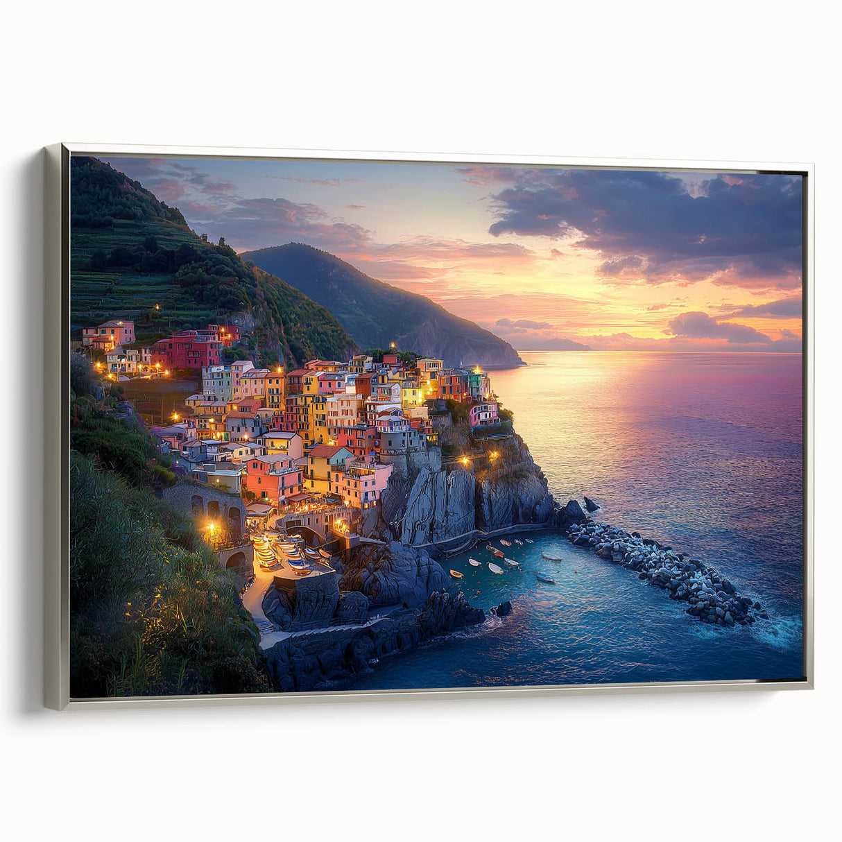 Framed canvas artwork showcasing a serene countryside landscape in soft hues, elegantly bordered with a silver frame, perfect for enhancing home decor.