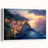 Framed canvas artwork depicting a serene countryside landscape with rolling hills and a blue sky, presented in a sleek white frame, ideal for home decor.