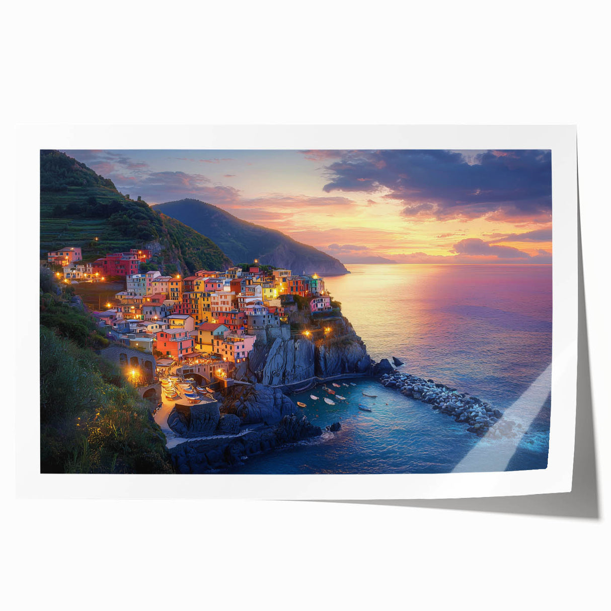 Vibrant rolled canvas print showcasing a serene countryside landscape with rolling hills, lush greenery, and a clear blue sky, packaged in a protective cardboard tube.