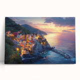 Stretched canvas artwork depicting a serene countryside landscape, featuring vibrant greens and a clear blue sky, leaning against a wooden wall. Perfect for home decor.