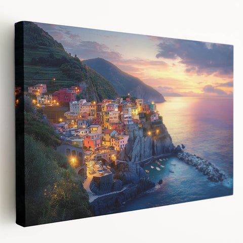 Stretched canvas artwork depicting a serene countryside landscape, showcasing lush green fields, a clear blue sky, and vibrant natural colors, perfect for home decor.