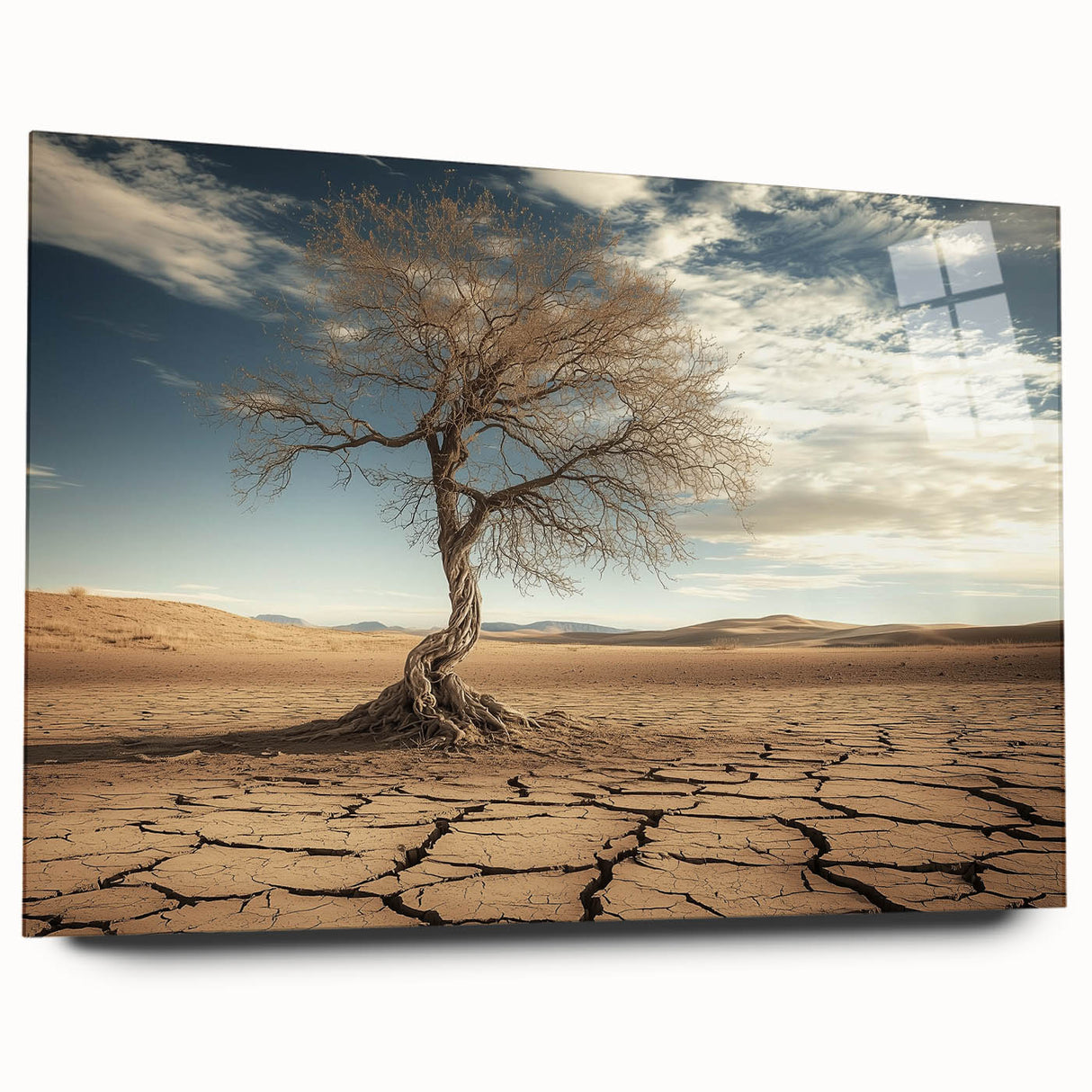 Desert landscape acrylic glass artwork showcasing vibrant orange and yellow hues, elegantly displayed from a side view without pins, perfect for modern home decor.
