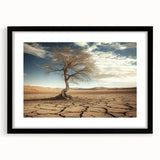 Black-framed landscape artwork depicting a serene desert scene with warm colors and a white mat, ideal for home decor or gallery displays.