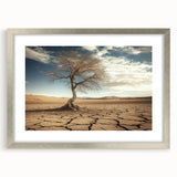 Desert landscape framed print with silver matting, showcasing warm earthy tones and intricate details, ideal for modern home decor or office aesthetics.