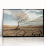 Framed acrylic landscape artwork depicting a serene desert scene, featuring warm tones of orange and yellow with a sleek black frame, ideal for modern home decor.