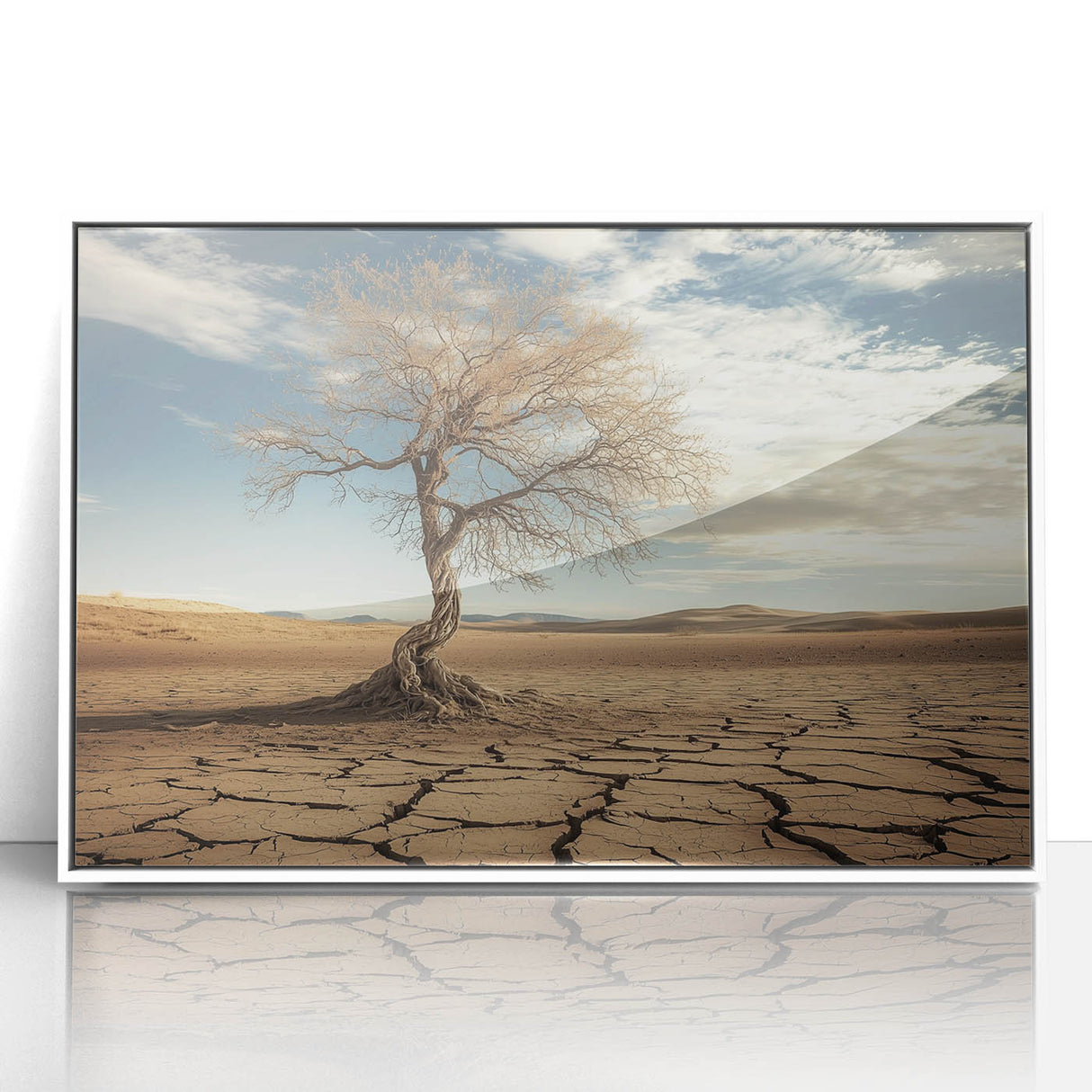 Framed acrylic art piece showcasing a vibrant desert landscape with warm hues of orange and yellow, set against a sleek white frame, perfect for modern home decor.