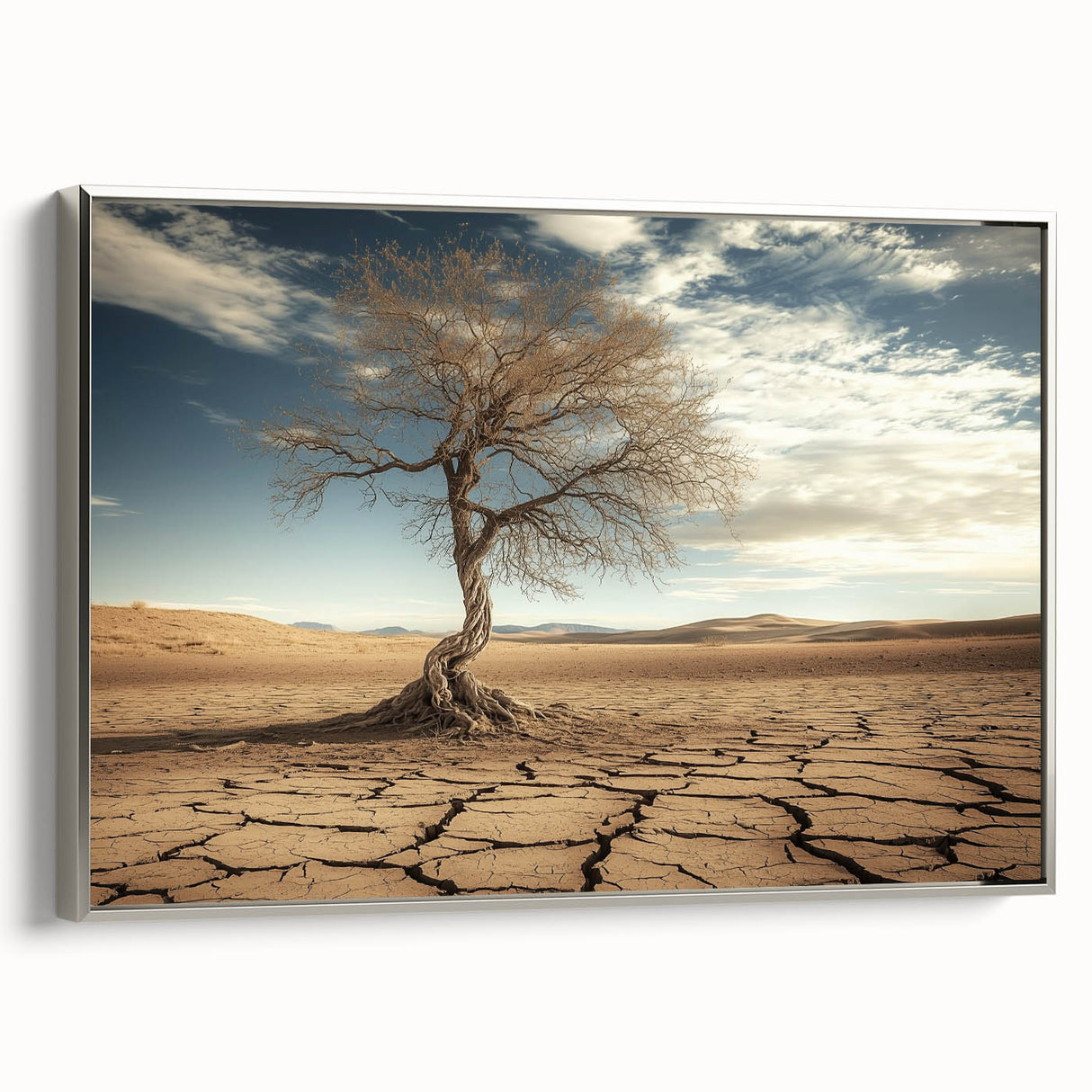 Framed canvas artwork depicting a vibrant desert landscape with rich colors and details, featuring a sleek silver frame that enhances its visual appeal.