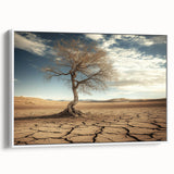 Framed canvas artwork depicting a serene desert landscape in warm tones, featuring rolling dunes and a clear blue sky, viewed from the side with a sleek white frame.