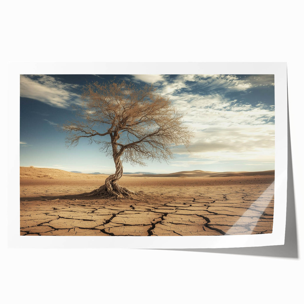 Desert landscape rolled print showcasing vibrant orange and yellow hues depicting a serene sunset over sand dunes, elegantly packaged in a protective cardboard tube for display or gifting.