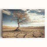 Stretched canvas artwork depicting a vibrant desert landscape with warm hues of orange and yellow, showcasing rugged terrain and a clear blue sky, perfect for home decor.