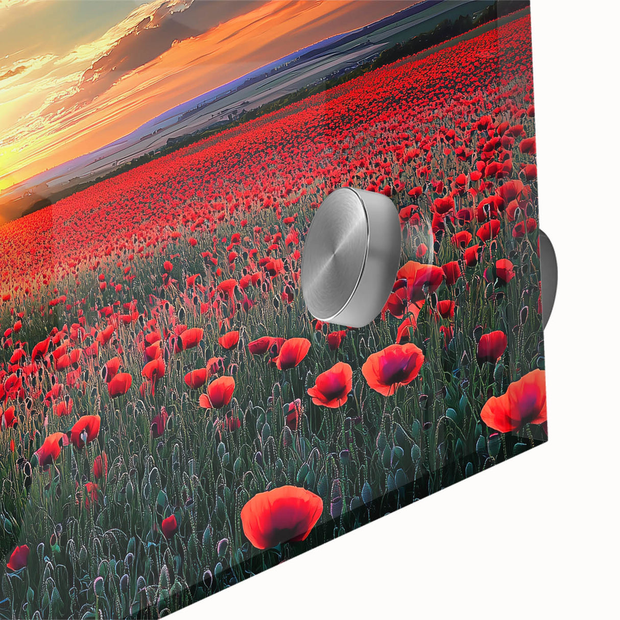 Vibrant close-up of an acrylic glass landscape artwork showcasing lush green fields under a bright blue sky, perfect for adding a serene touch to home decor.