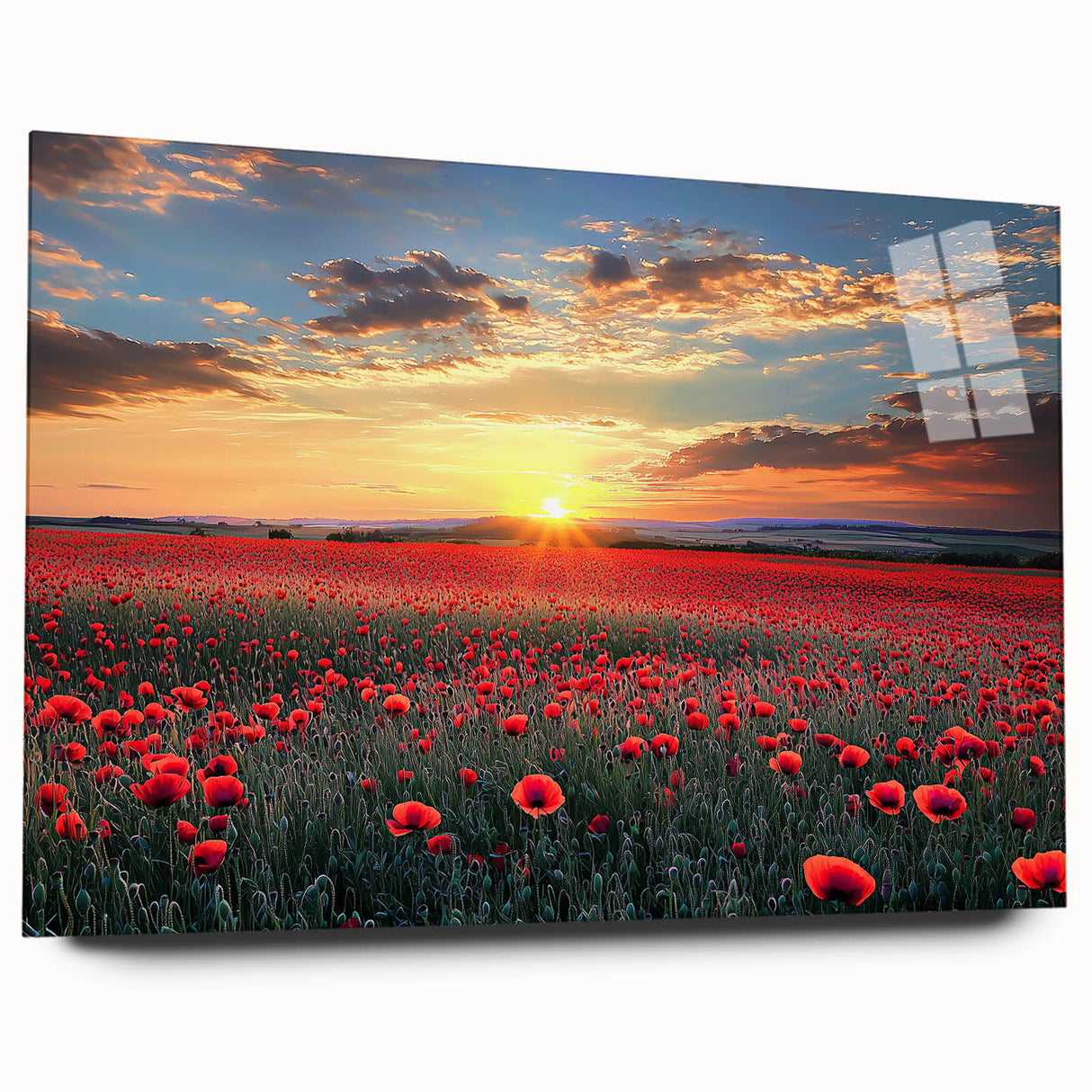 Acrylic landscape artwork showcasing vibrant fields in a side view, elegantly displayed without pins, highlighting the rich colors and serene rural scenery.