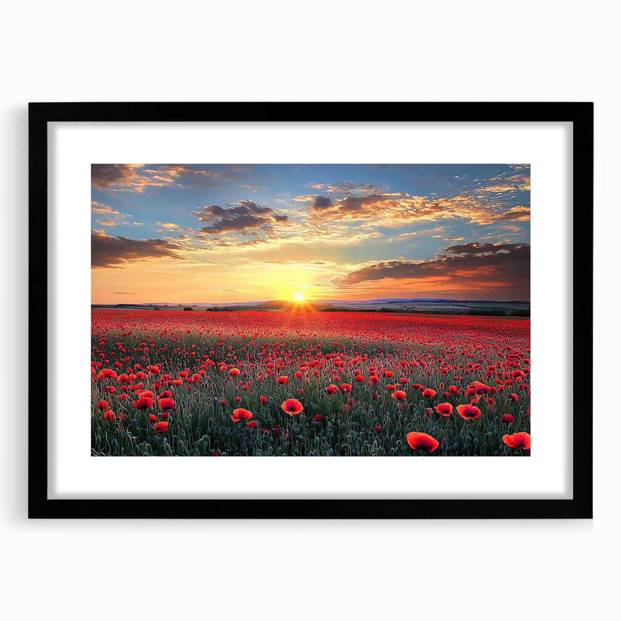 Framed landscape artwork with a black mat, showcasing vibrant green fields under a clear blue sky, ideal for home decor or office enhancement.