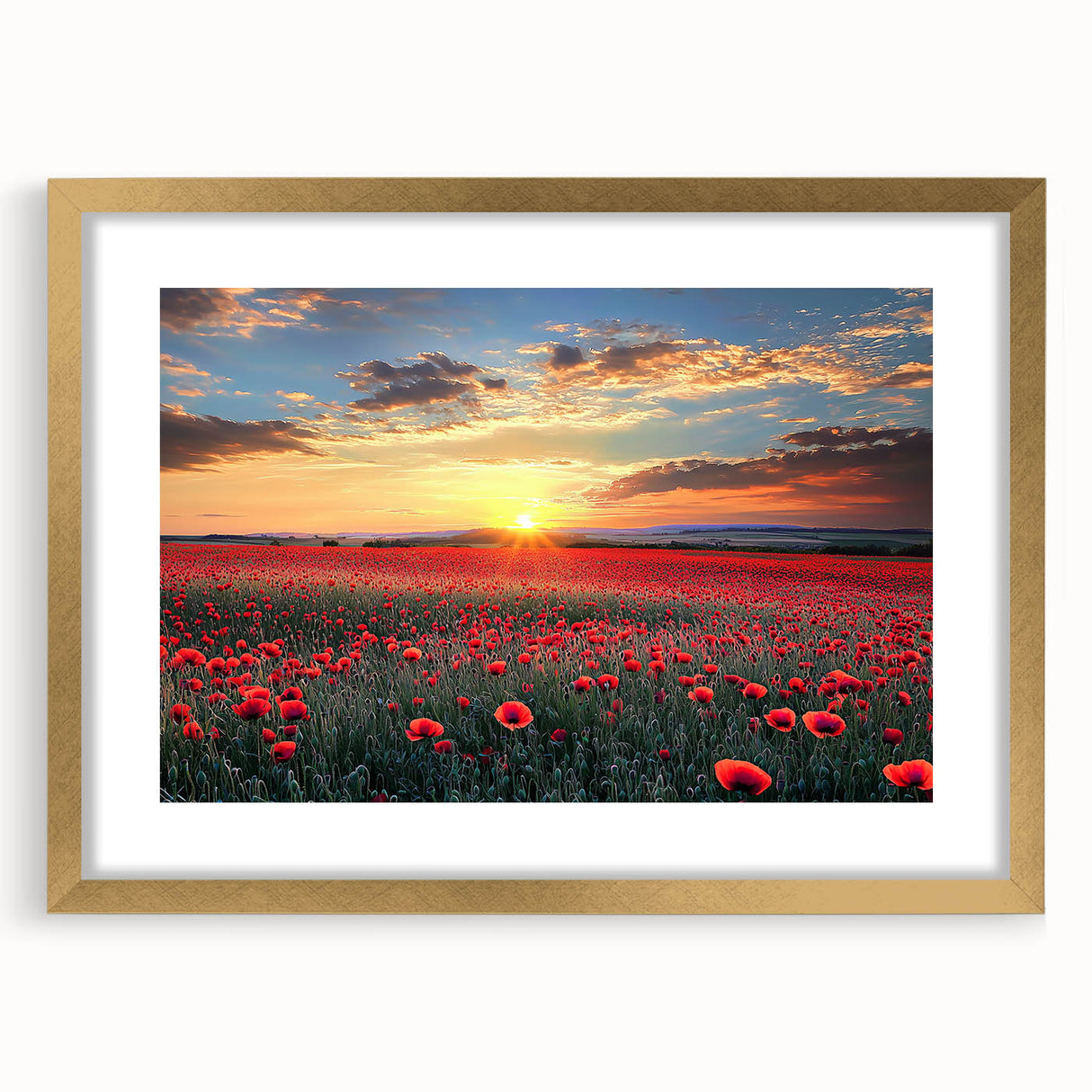Elegant gold-framed landscape artwork featuring lush green fields under a bright blue sky, presented with a white mat for an upscale finish, perfect for home decor.
