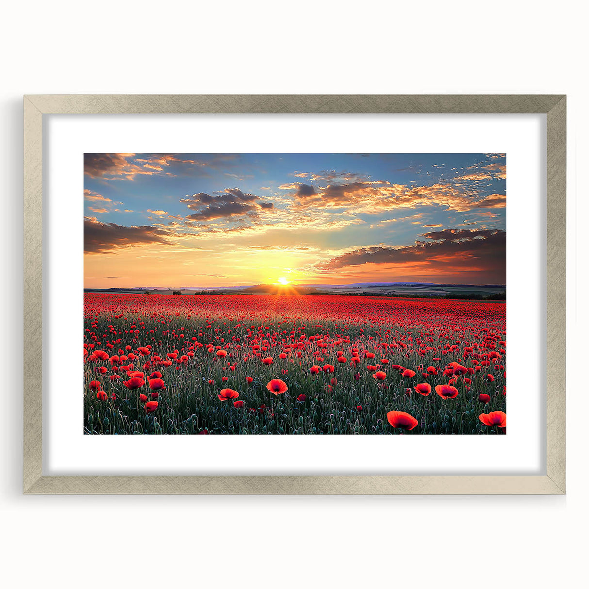 Framed landscape artwork featuring serene fields, set in a sleek silver mat and frame, ideal for home or office decor, enhancing any interior space.