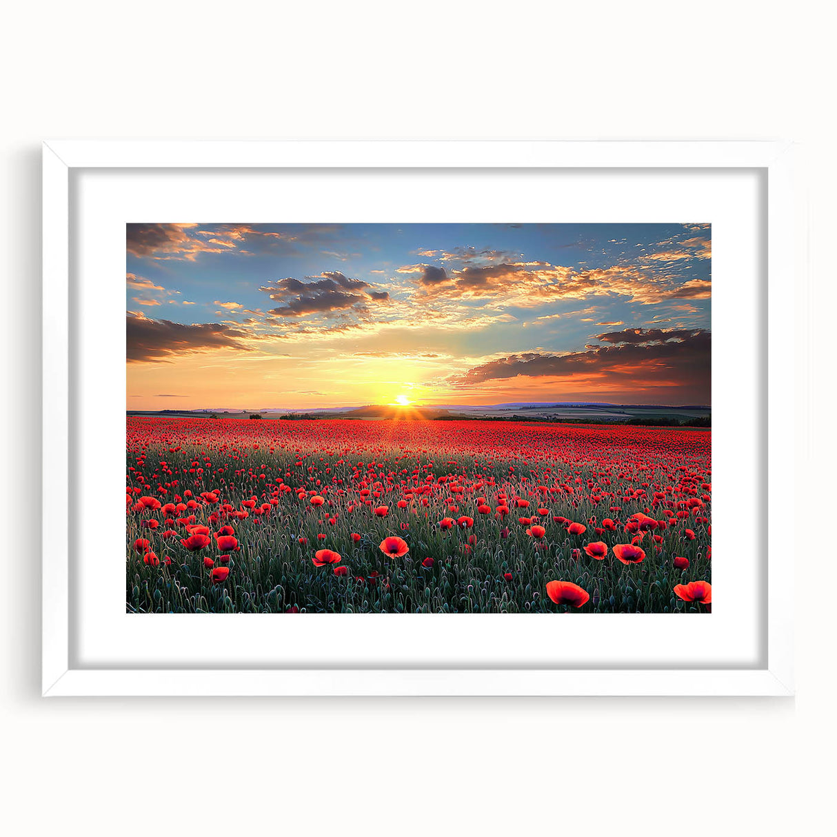 Framed landscape artwork depicting vibrant green fields under a bright blue sky, featuring a white mat for a clean presentation, ideal for home decor.