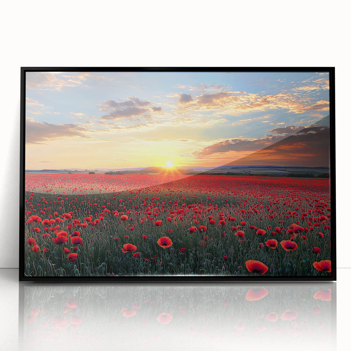 Framed acrylic landscape artwork showcasing vibrant green fields under a clear blue sky, presented in a sleek black frame, ideal for modern home decor.