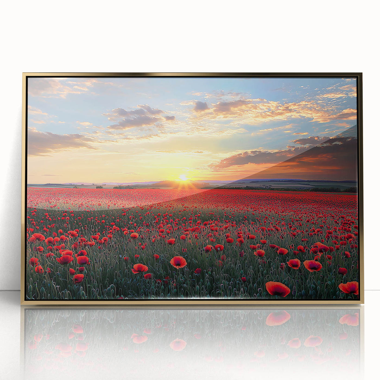 Framed acrylic artwork depicting a serene landscape with golden fields under a bright blue sky, perfect for enhancing modern home decor or office spaces.