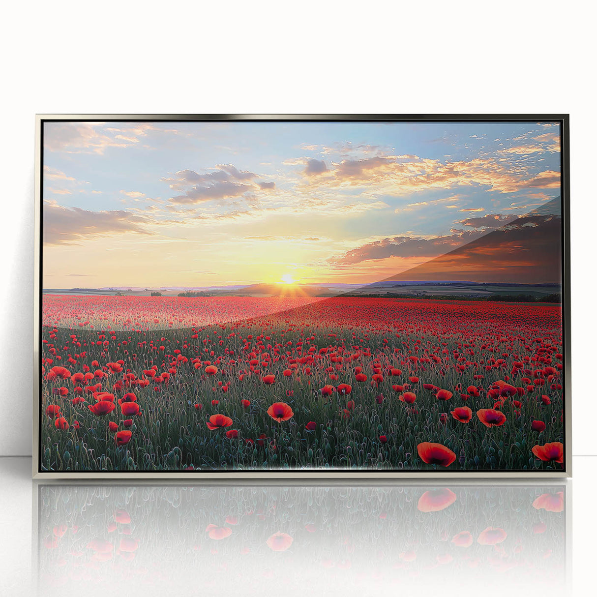 Framed acrylic artwork showcasing a vibrant landscape with golden fields under a bright blue sky, perfect for enhancing home decor with a touch of nature.