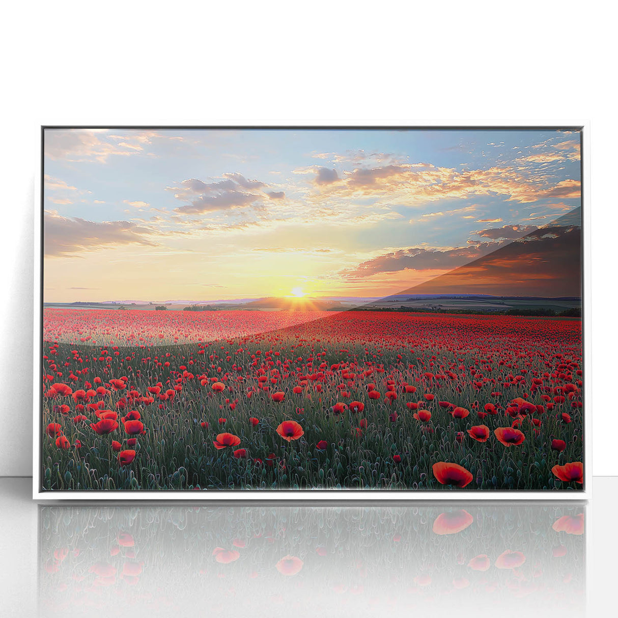 Framed acrylic artwork depicting a serene landscape with vibrant green fields and blue skies, set in a white frame for an elegant display. Perfect for enhancing home decor.