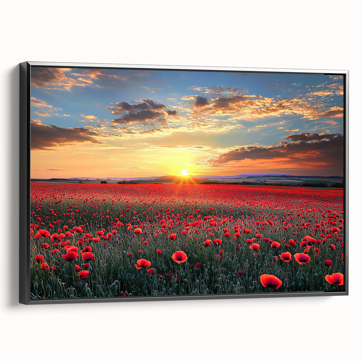 Framed canvas artwork depicting vibrant green landscapes with rolling fields, showcased from a black side view. Ideal for home or office decor, enhancing natural themes.