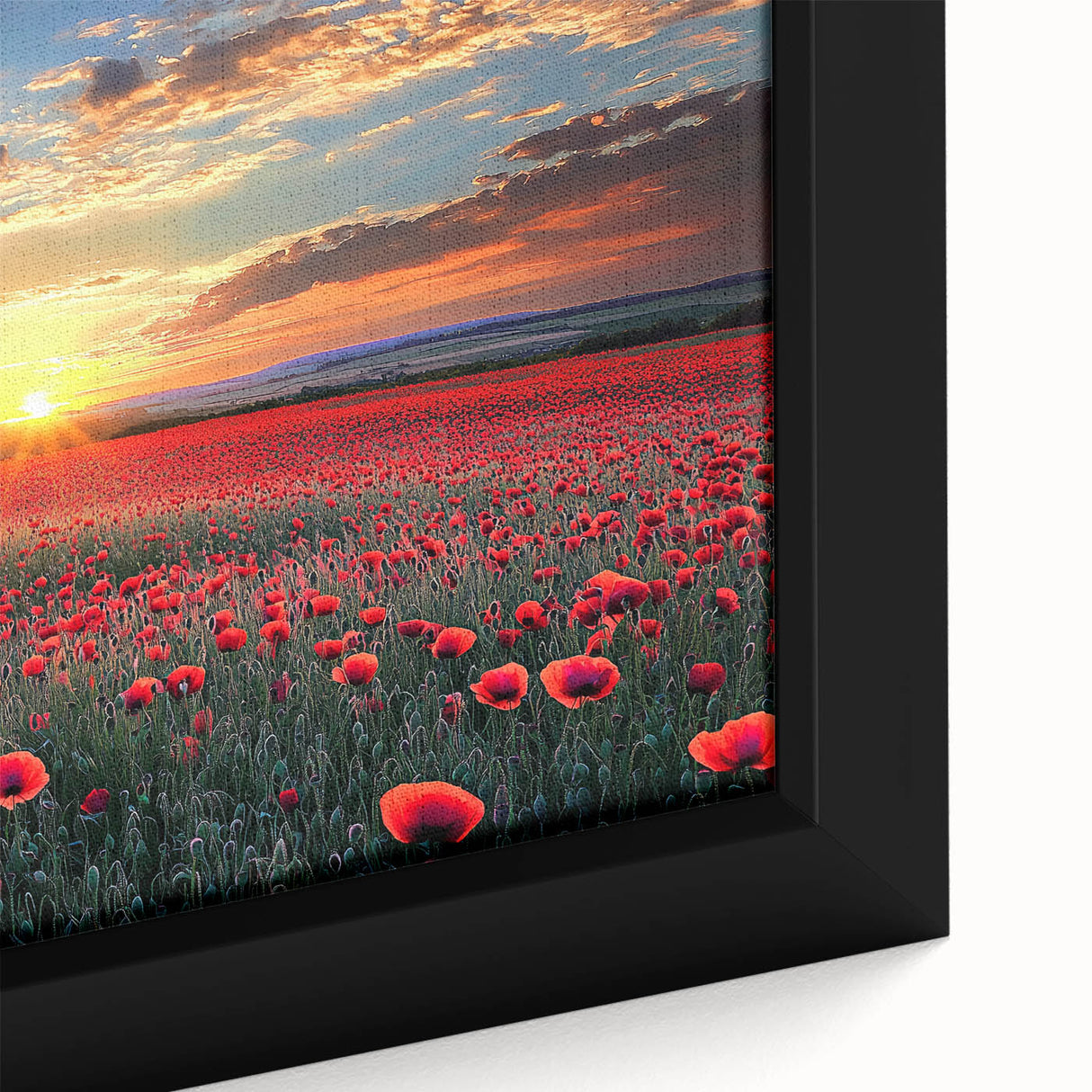 Close-up of a framed canvas artwork depicting vibrant green landscapes and golden fields, showcasing intricate details and textures ideal for home decor.