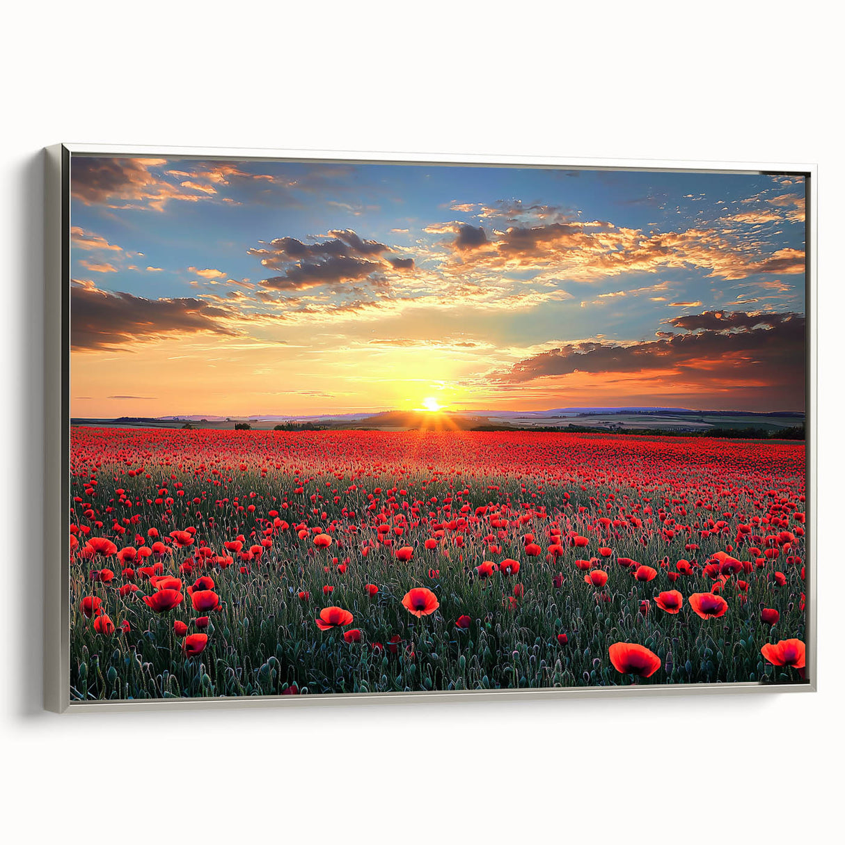Framed canvas artwork depicting serene landscape fields with vibrant greens and golden hues, elegantly displayed with a silver frame, ideal for home decor.