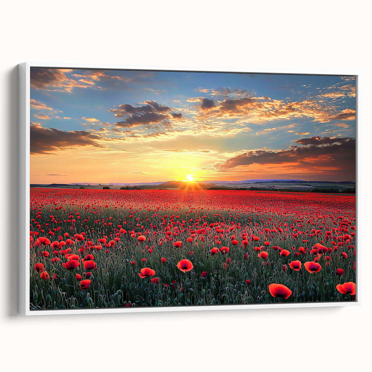 Framed canvas artwork depicting a scenic landscape with lush green fields and a vibrant blue sky, presented in a sleek white frame to enhance any decor.