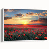 Framed canvas artwork depicting a scenic landscape with lush green fields and a vibrant blue sky, presented in a sleek white frame to enhance any decor.