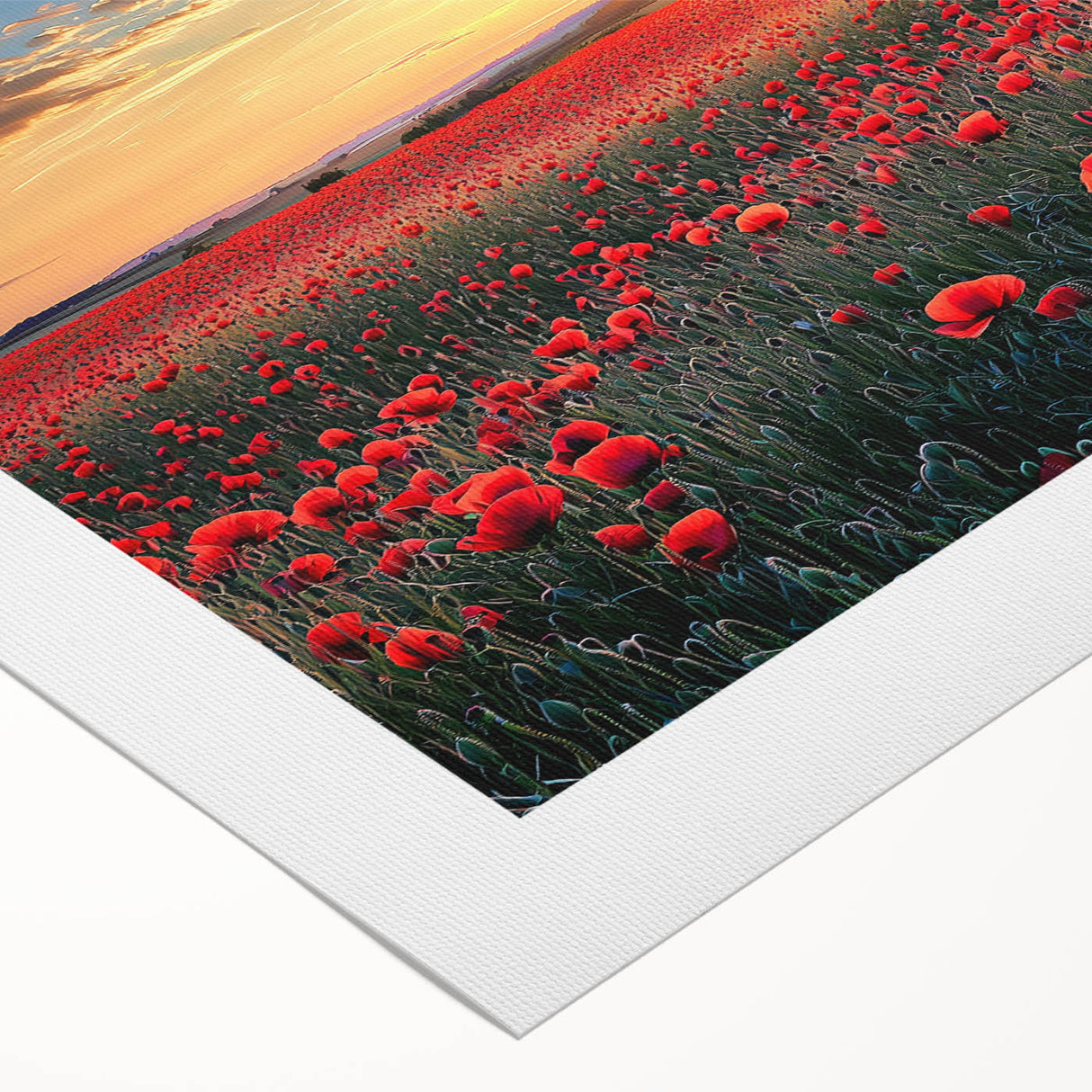 Vibrant rolled canvas depicting a serene landscape of lush green fields under a bright blue sky, showcasing intricate details and textures, ideal for home decor.