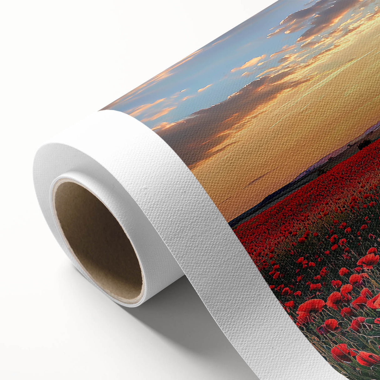 Vibrant landscape canvas print showcasing lush green fields under a bright blue sky, elegantly rolled for shipping in a protective tube, perfect for home decor.