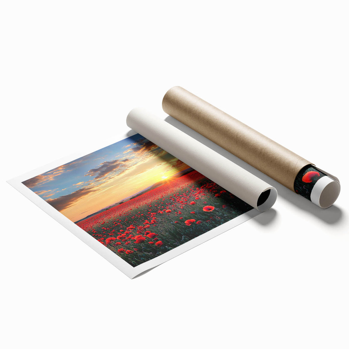 Vibrant rolled landscape print showcasing rolling green fields under a clear blue sky, designed for wall display and packaged securely in a cardboard tube.