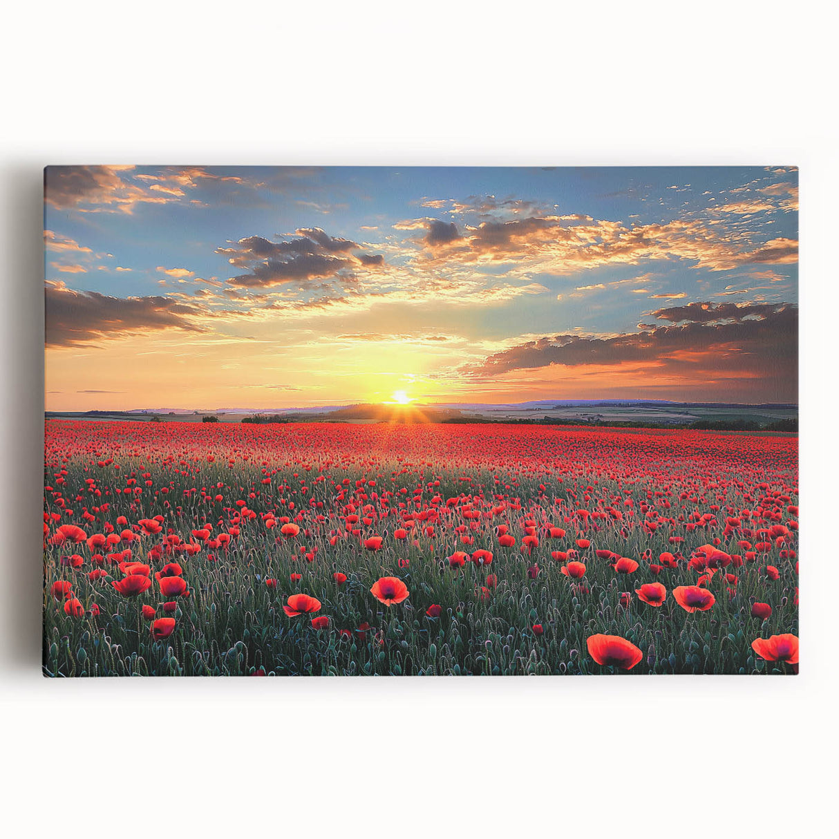 Stretched canvas artwork depicting a vibrant landscape of rolling green fields under a bright blue sky, perfect for home decor or office ambiance.