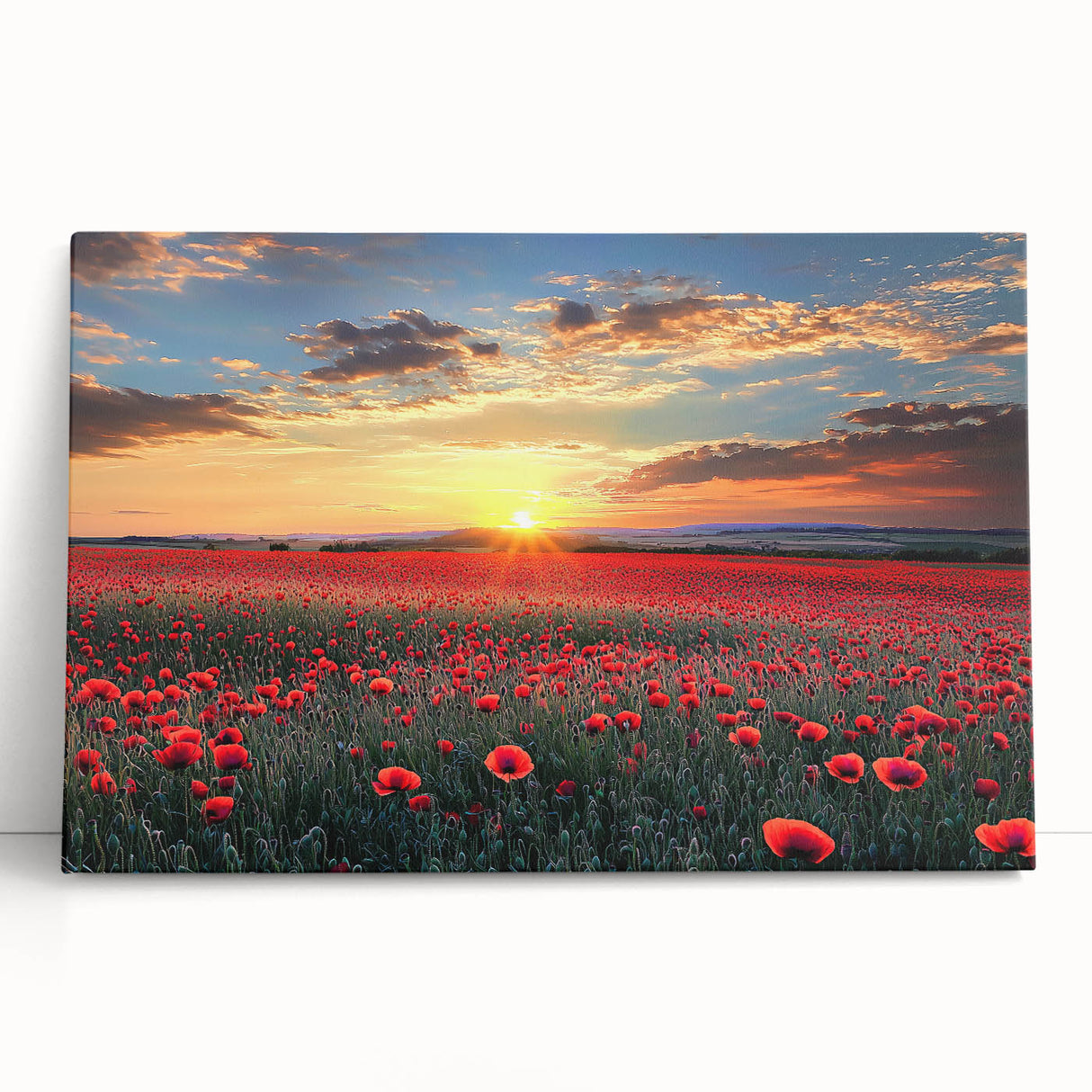 Stretched canvas artwork showcasing a serene landscape of rolling fields under a vibrant blue sky, perfect for adding a tranquil touch to any room decor.
