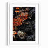 Abstract art print featuring swirling patterns in muted gray and blue tones on a white framed canvas.