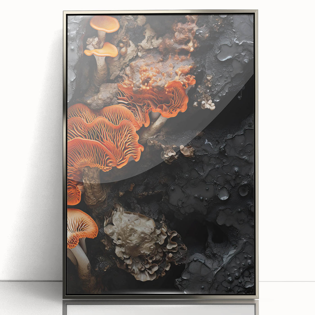 Mid-century modernist art featuring abstract shapes in muted earth tones, silver-framed acrylic, ideal for nursery wall art.