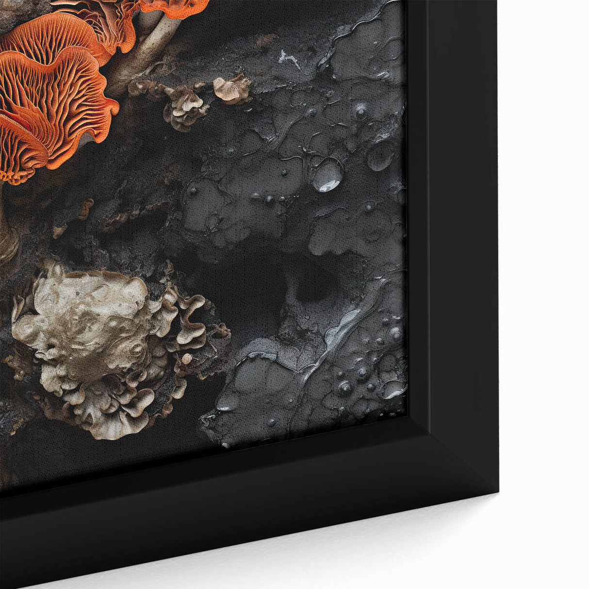 Extra large framed canvas featuring black textured art with colorful abstract elements, ideal for living room decor.