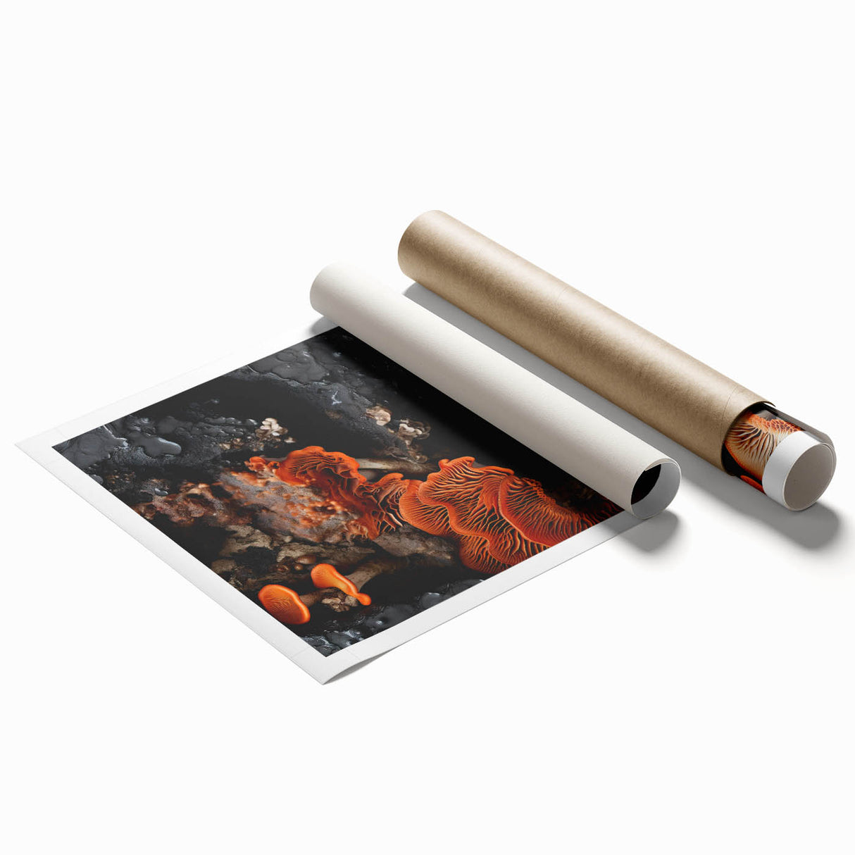 Extra large rolled print of floral art with vibrant green and pink tones on a white background.