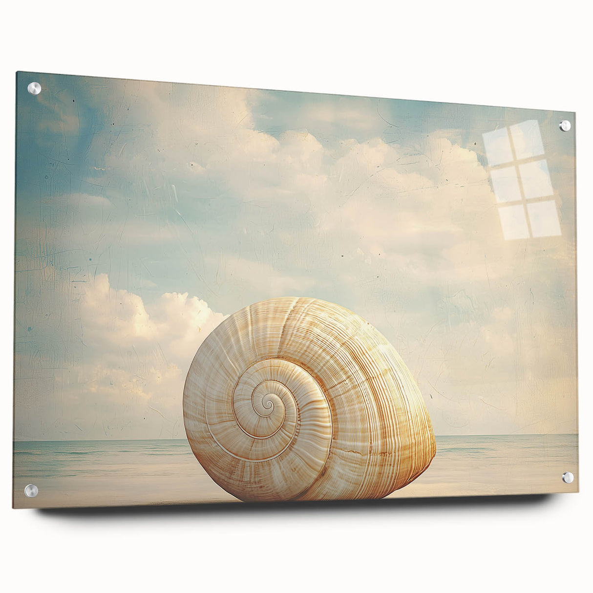 Large abstract wall art depicting close-up nature elements in vibrant greens and blues on acrylic glass.