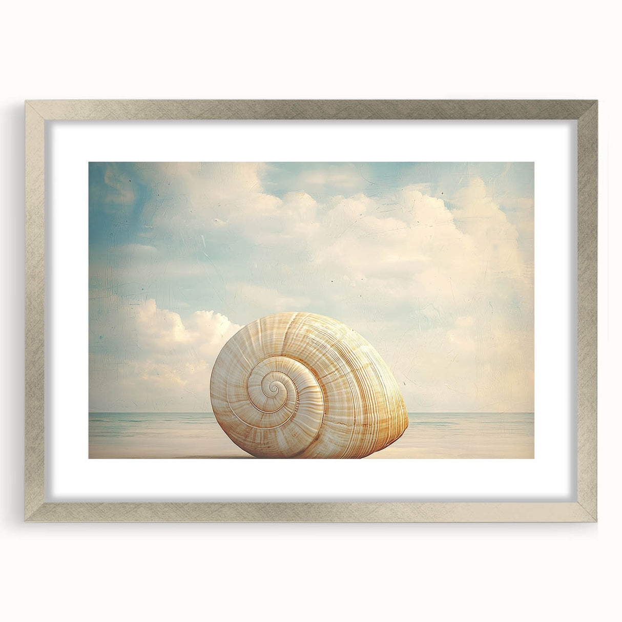 Textured art print of abstract nature elements in silver frame, using earthy tones, ideal for bedroom decor.