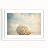 Abstract art print featuring close-up nature elements in soft green and white tones, framed with a white mat.