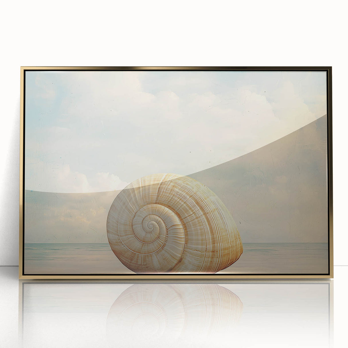 Large art print of a close-up natural element in gold tones, framed acrylic, mid-century modernist style.