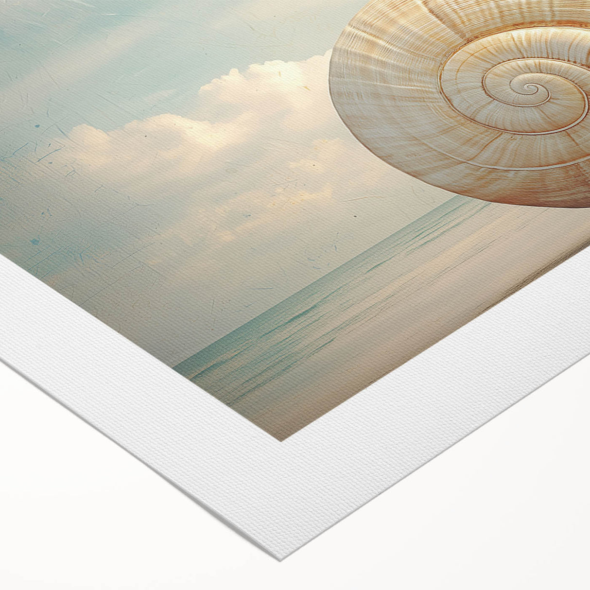 Art deco poster featuring a close-up of nature elements in muted green and brown tones on rolled canvas.