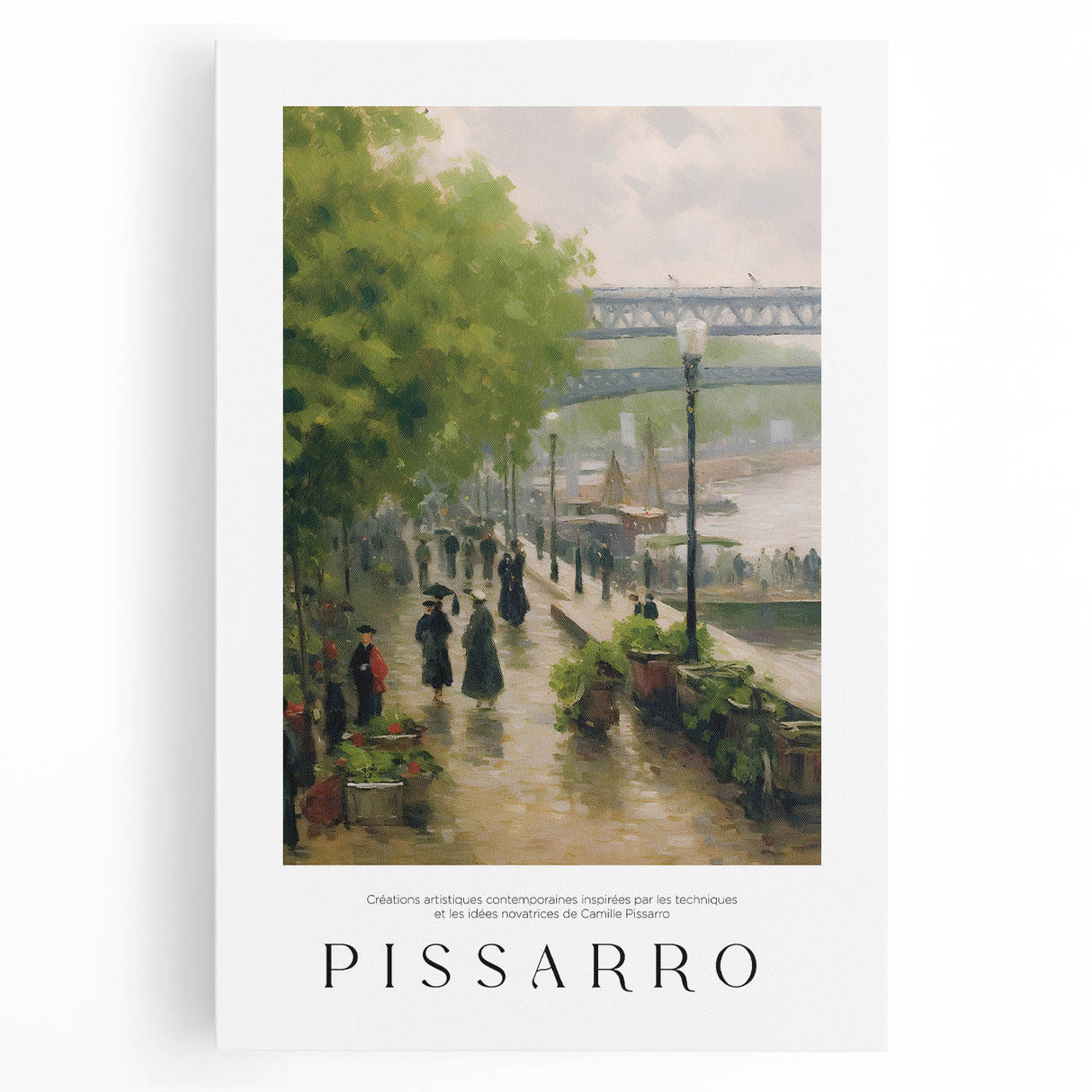 Large black and white stretched canvas of Camille Pissarro's impressionist work, ideal for kitchen wall art.