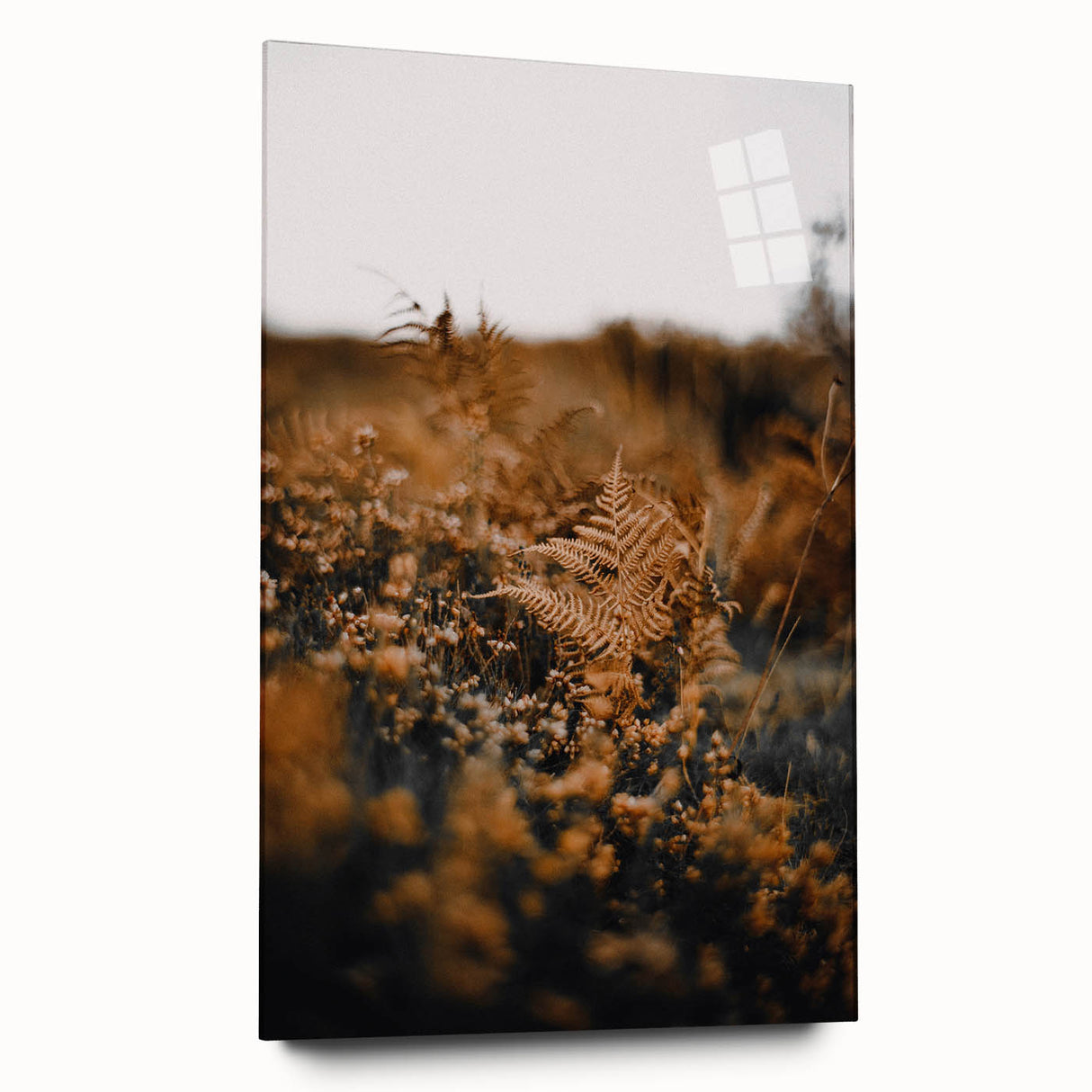 Large abstract wall art in muted orange and brown tones on acrylic glass, suitable for bedroom or dining room decor.