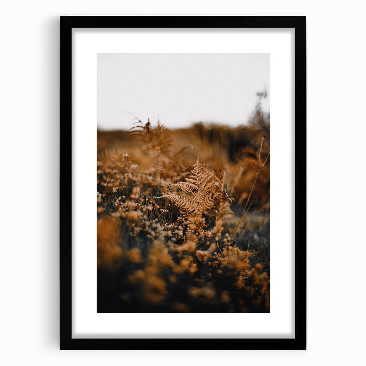 Extra large abstract art print featuring textured fall foliage in vibrant orange and red hues, framed in black.