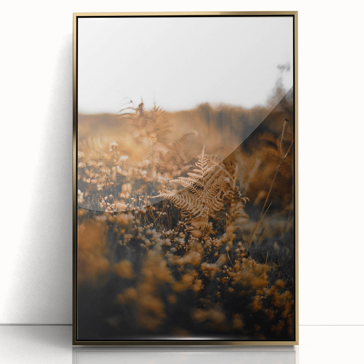 Large art print of a mid-century modernist fall scene in warm gold tones on framed acrylic, suited for modern nursery decor.