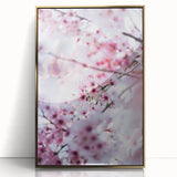 Large art print of a mid-century modernist spring scene in pastel shades, acrylic framed in gold.