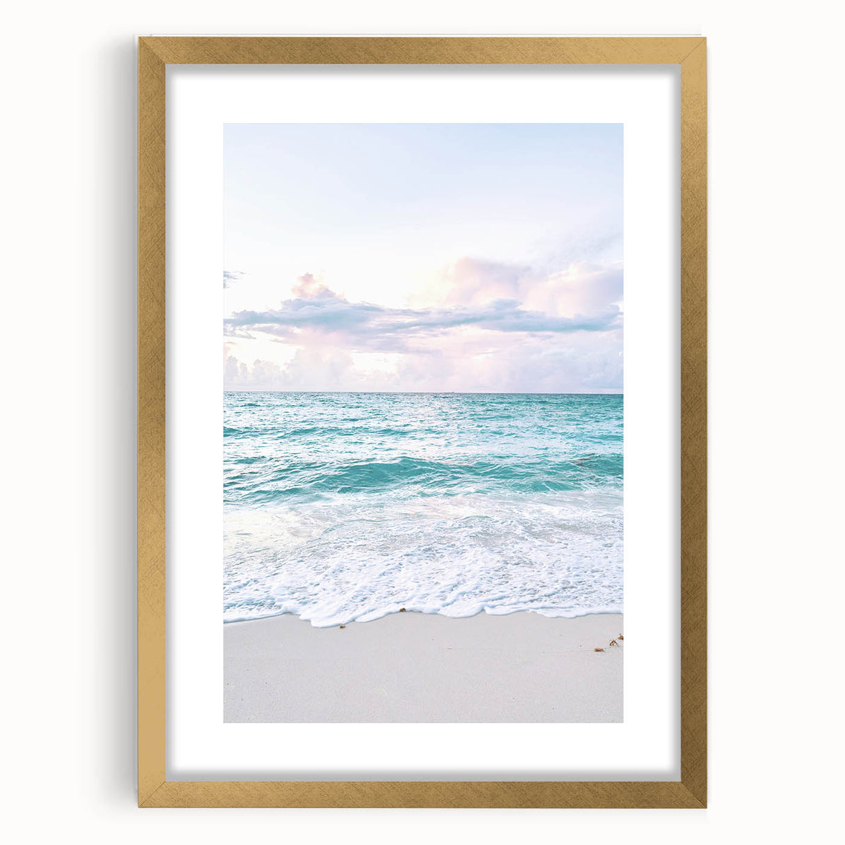 Extra large abstract art print with textured patterns in gold and white, framed with a gold mat, ideal for living room decor.